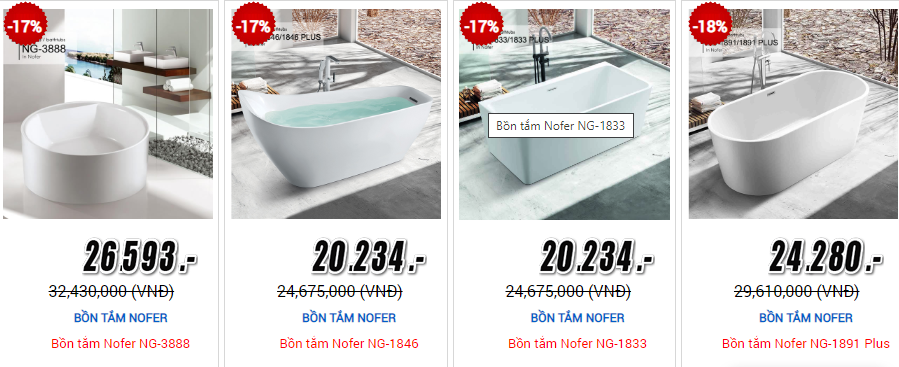 Bồn tắm Nofer mức giá từ 20 đến 30 triệu đồng 